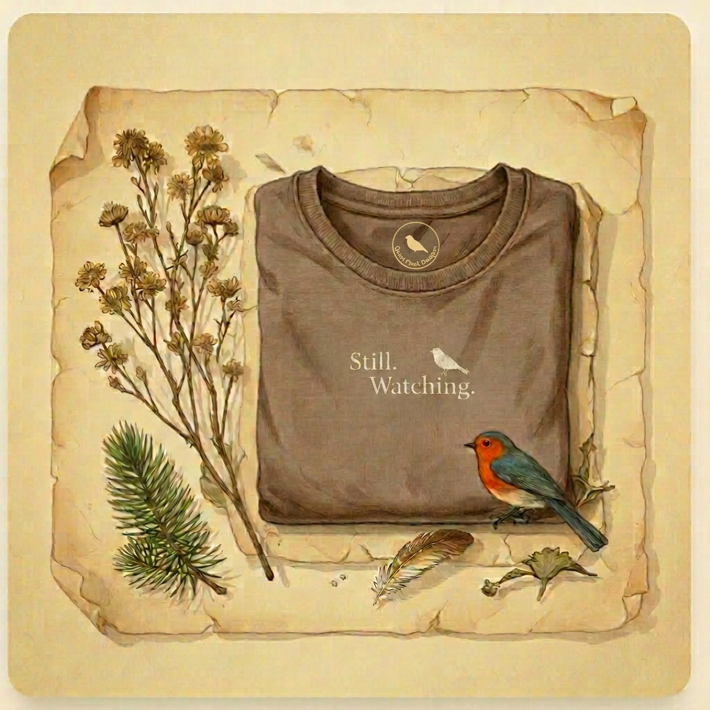 A folded heather-grey t-shirt on parchment beside dried wildflowers and a small songbird
